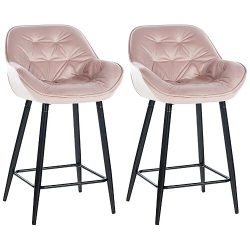 Decoshop26 Lot de 2 tabourets de bar chaises hautes assise effet capitonnée en velours rose et métal noir 10_0004164