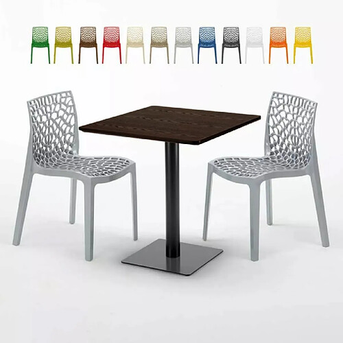 Grand Soleil Table carrée 70x70 plateau effet bois avec 2 chaises colorées Gruvyer Melon - Gris