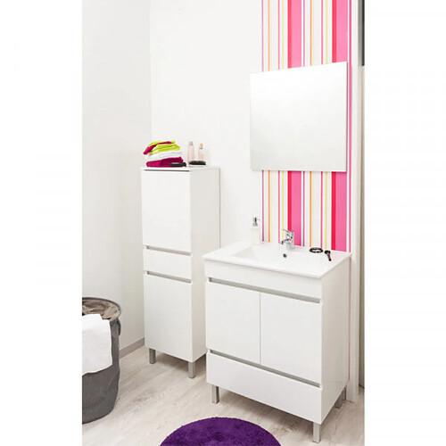 Dansmamaison Ensemble sous vasque 1 tiroir 2 portes 80 cm Blanc + Miroir + Colonne - BOMBA