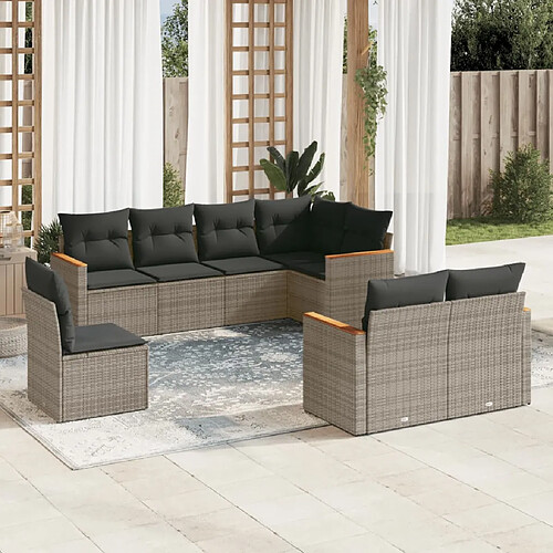 vidaXL Salon de jardin 8 pcs avec coussins gris résine tressée