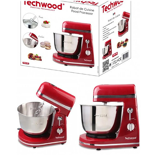 Techwood Robot de Cuisine Rouge 3.5L 6 vitesses Pied anti-dérapant 300W Bol inox