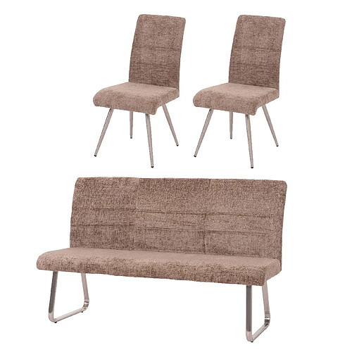 Decoshop26 Lot de 2 chaises de salle à manger + banc 180 cm inox brosséen tissu chenille marron 04_0008282