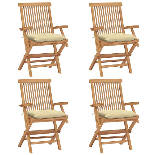 vidaXL Chaises de jardin et coussins blanc crème lot de 4 Teck massif