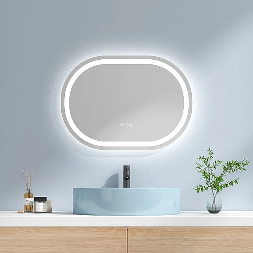 EMKE Miroir lumineux salle de bain ovale 70x50cm, Miroir LED avec Interrupteur Tactile, Anti-buée, Miroir avec éclairage Lumière Froide/Chaude/Neutre