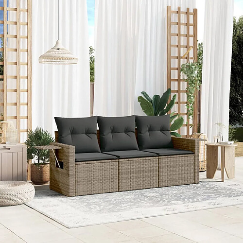 vidaXL Salon de jardin avec coussins 3 pcs gris résine tressée