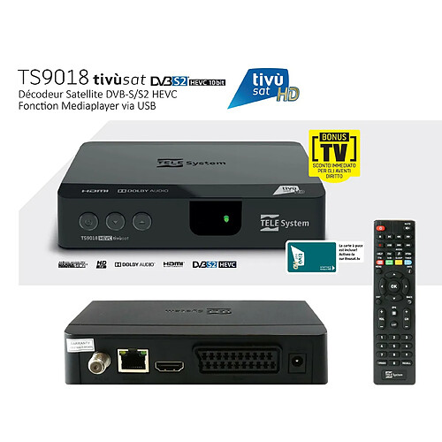 Pack Tivùsat Récepteur satellite, Décodeur Tivùsat HD - TELE System TS9018HEVC + Carte Tivùsat HD Activation Comprise - DVB-S / S2 HD, Classique 10 bits, HD 1080p