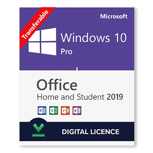 Windows 10 Pro + Microsoft Office 2019 Famille et Étudiant - Bundle de licences numériques - Logiciels en téléchargement