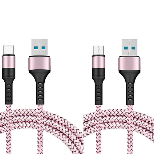 Cables X2 USB / Type-C Charge Rapide 3A Nylon Renforce Rose 1m Pour Samsung A13 / A33 / A53 / S22 / S22 Plus / S22 Ultra Little Boutik®