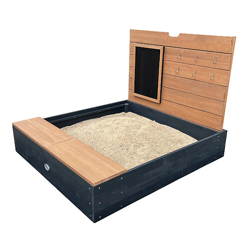 AXI Mandy Sandbox en bois avec banc, espace de rangement, couvercle et tableau noir | Bac à sable en anthracite et marron avec tapis de sol | 100 x 90 cm