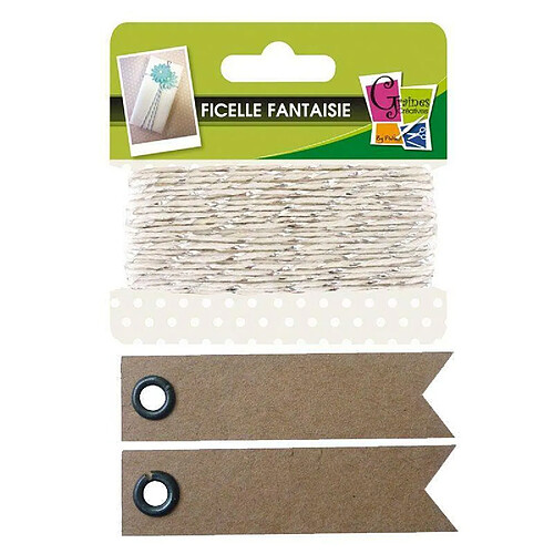 Graines Creatives Ficelle blanche-argentée 10 m + 20 étiquettes kraft Fanion