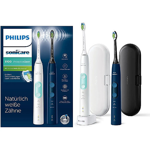 Philips 2 brosse à dents électrique rechargeable soniques avec 3 programmes de brossage et contrôle de pression bleu foncé blanc