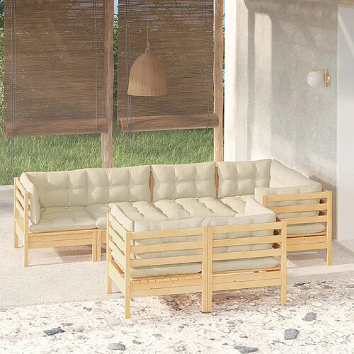 vidaXL Salon de jardin 7 pcs avec coussins crème bois de pin massif