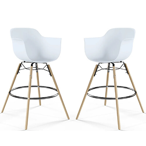 ICONIK INTERIOR Tabouret de Bar - Design Scandinave - Pieds en Bois - Lot de 2 - Nordika Blanc