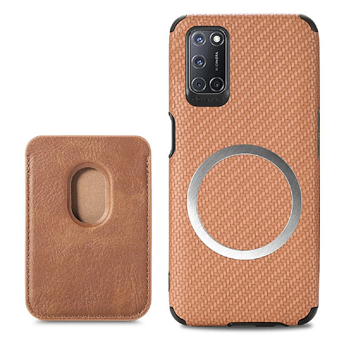 Coque en TPU + PU texture en fibre de carbone, absorption magnétique avec porte-carte, marron pour votre Oppo A52/A72/A92