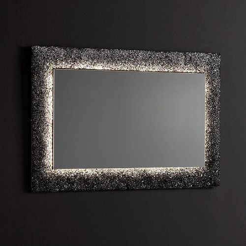 Kiamami Valentina MIROIR NOIR 90X62 RÉTRO-ÉCLAIRÉ PAR LED, AVEC CADRE EN VERRE ET GRAVIER