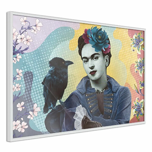 Paris Prix Affiche Murale Encadrée Frida with a Raven 90 x 60 cm Blanc