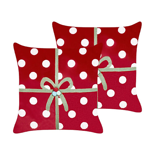 Beliani Lot de 2 coussins GUMDROP Velours 45 x 45 cm À pois Broderie Rouge