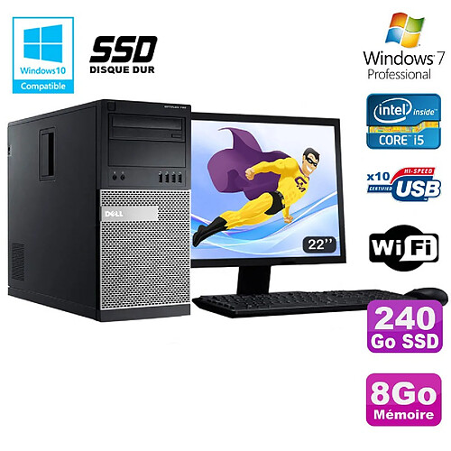 Lot PC Tour Dell 790 Core I5 3.1Ghz 8Go 240Go SSD DVD WIFI Win 7 + Ecran 22" · Occasion