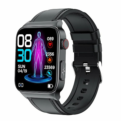 E500 Montre Intelligente Écran Tactile En Temps Réel Glycémie Ecg Ppg Surveillance Sport Fitness Smartwatch Ceinture En Cuir Noir