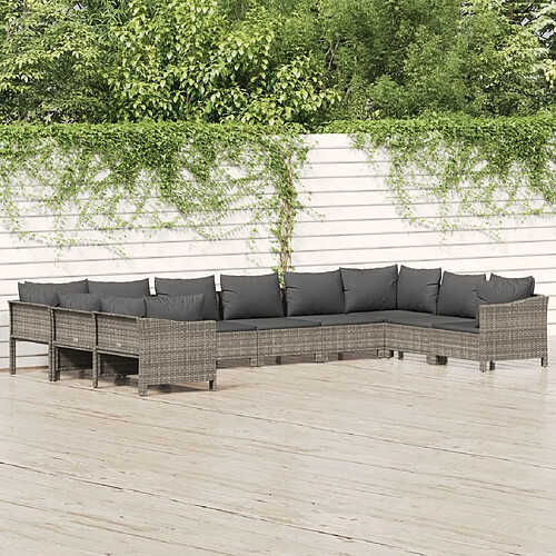 vidaXL Salon de jardin 10 pcs avec coussins Gris Résine tressée