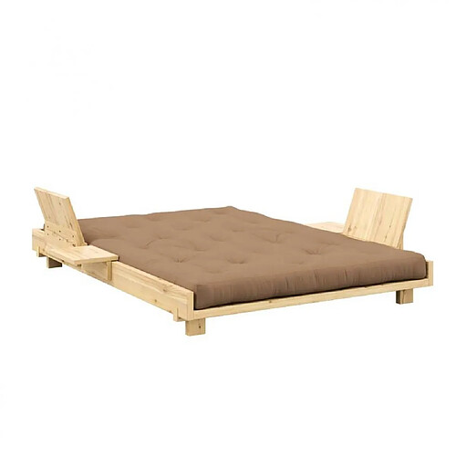 Inside 75 Lit futon SOCIAL SOFA pin laqué naturel couchage 140x200 cm avec 2 dossiers et 2 tables d'appoint matelas moka