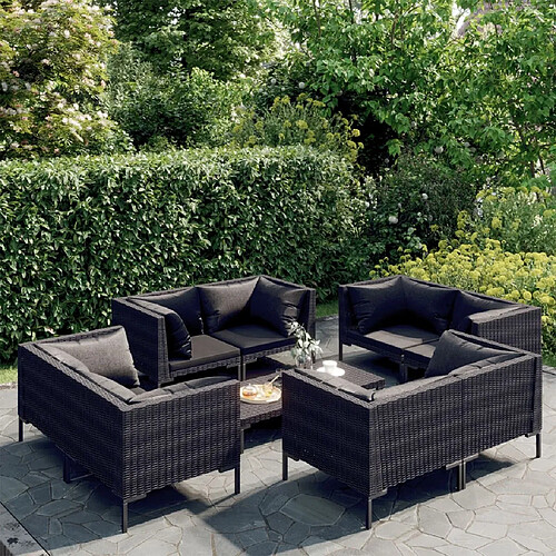 vidaXL Salon de jardin 9 pcs avec coussins Résine tressée Gris foncé