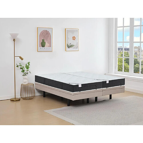 Vente-Unique Lit électrique de relaxation déco + matelas ressorts ensachés et mémoire de forme - 2 x 80 x 200 cm - Tissu - Beige - RIZALI de DREAMEA