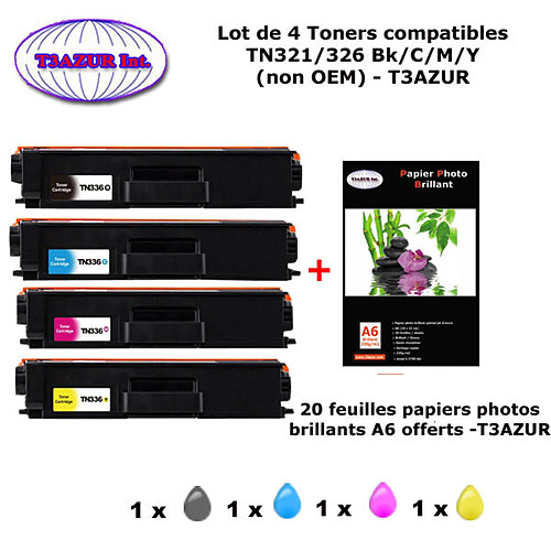 PACK 4 Toners Brother TN321,TN326 BK,C,Y,M pour imprimante Brother DCP L8400CDN, L8450CDW + 20f A6 brillants - T3AZUR