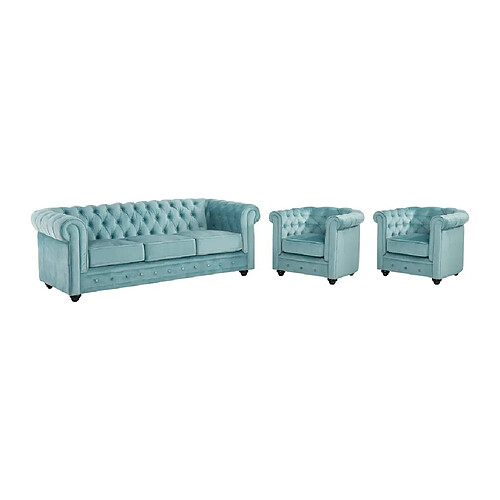 Vente-Unique Canapé 3 places et 2 fauteuils CHESTERFIELD - Velours bleu pastel