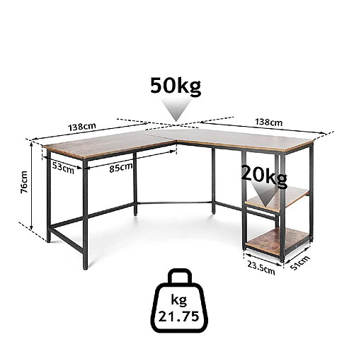 Helloshop26 Bureau d'ordinateur d'angle avec étagères 138 cm mdf cadre en fer style industriel rustique bureau informatique en forme de L table d'étude de travail marron 01_0000095