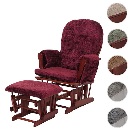 Mendler Fauteuil relax HWC-C76, fauteuil à bascule Fauteuil à bascule avec pouf Tissu/Textile chenille (465g/m²) ~ bordeaux, piètement foncé