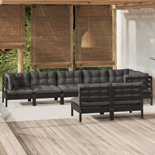 vidaXL Salon de jardin 8 pcs avec coussins Noir Bois de pin massif