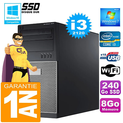 PC Tour DELL 7010 Core I3-2120 Ram 8Go Disque 240 Go SSD Wifi W7 · Occasion