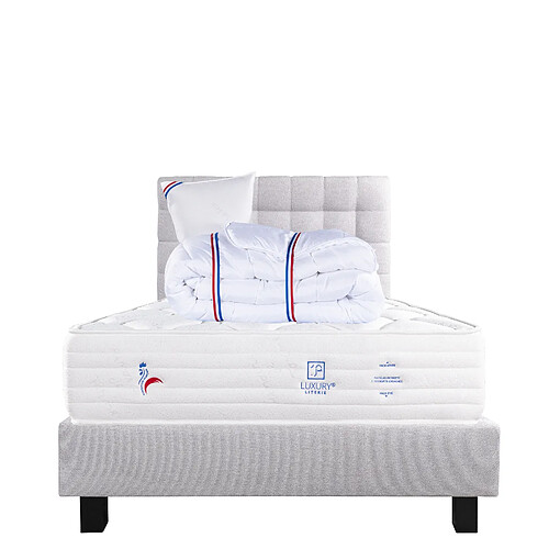 LUXURY LITERIE Ensemble matelas Patriote Mousse 90x190 cm + sommier gris ep20cm + oreiller + couette + Tête de Lit