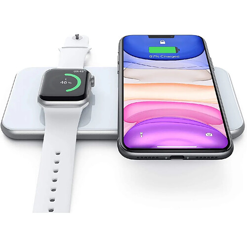 Chrono Chargeur sans fil, station d'accueil de chargement sans fil pour iWatch 5/4/3, Airpods 2/Pro, chargeur rapide sans fil pour iPhone SE/11/11 Pro/XR/XS Max/XS/X/8P/8, Samsung Galaxy S6 à S20/Note 5 à 10+,(argent)