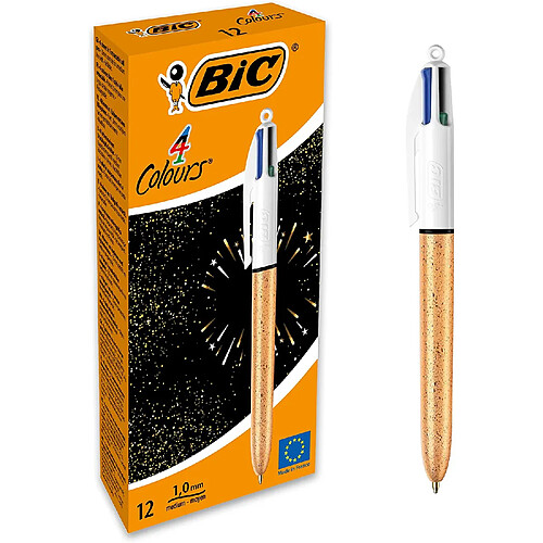 BIC 4 Couleurs Stylos-Bille Pointe Moyenne (1,0 mm) - Corps Texturé Doré Givré, Boîte de 12 BIC