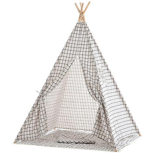 Decoshop26 Tente tipi pour enfants avec toile damier gris poteaux en bois APE10003