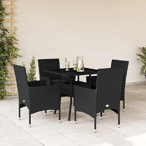 vidaXL Ensemble à manger de jardin et coussins 5 pcs noir rotin verre