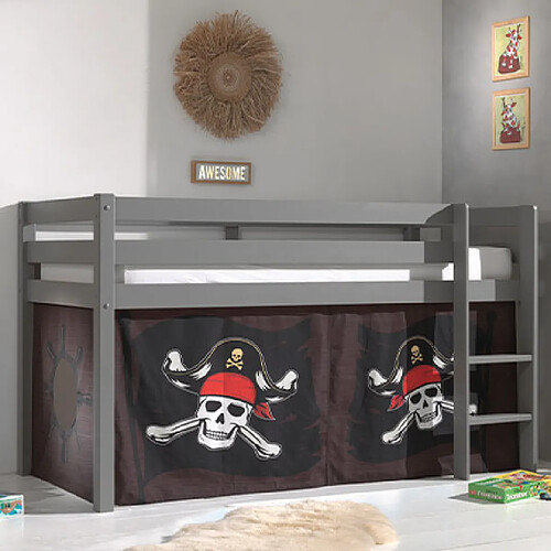 Mes Lit surélevé avec échelle gris décor pirates - PINO