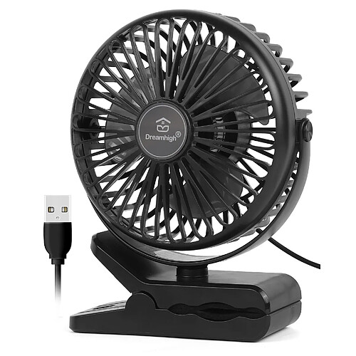 Rêve élevé? Mini Ventilateur USB, 360? Rotation, Ventilateur Clip Portable, 3 Vitesses, Ventilateur de Table silencieux pour Bureau, Maison et Bureau, Noir (Alimenté par USB)