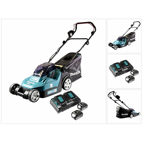 Makita DLM 432 PT2 Tondeuse à gazon sans fil 36 V ( 2x 18 V ) 43 cm Brushless + 2x Batteries 5,0 Ah + Chargeur double