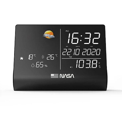 NASA WSP1300 - Station Météo, Enceinte Bluetooth, Ecran LCD 6.4, Fonction Horloge/Calendrier/Radio FM, Livrée avec adaptateur secteur - Noir - Noir