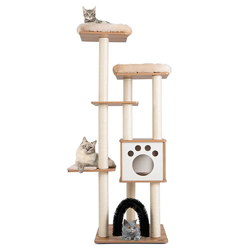 Helloshop26 Arbre à chat 175cm à 6 niveaux avec niche et coussin amovible grande tour de jeu pour chat avec poteaux en sisal beige 20_0007648