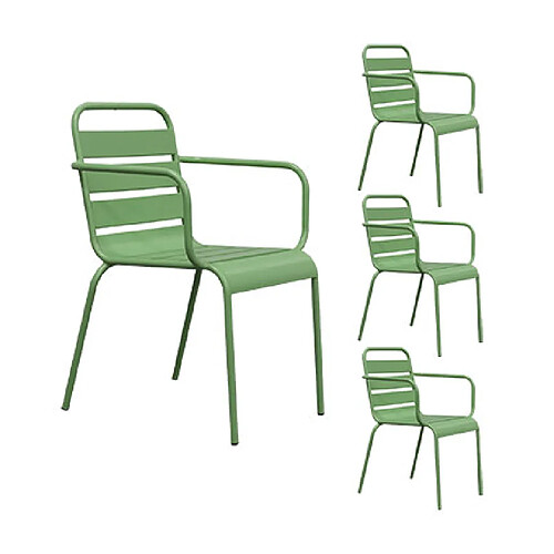 Mes Lot de 4 chaises de jardin en métal vert avec accoudoirs - BACA