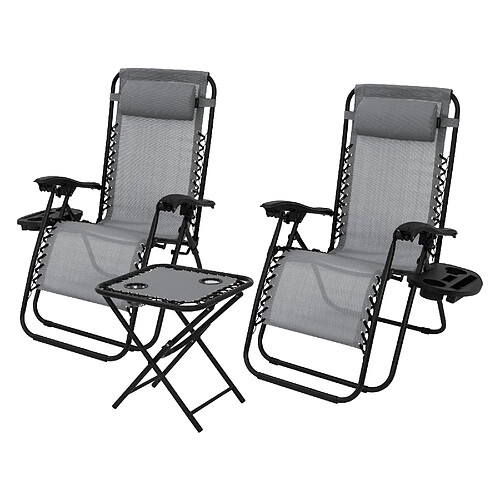 ML-Design Set 2x chaise longue avec table et appui-tête+porte-boisson bain de soleil gris