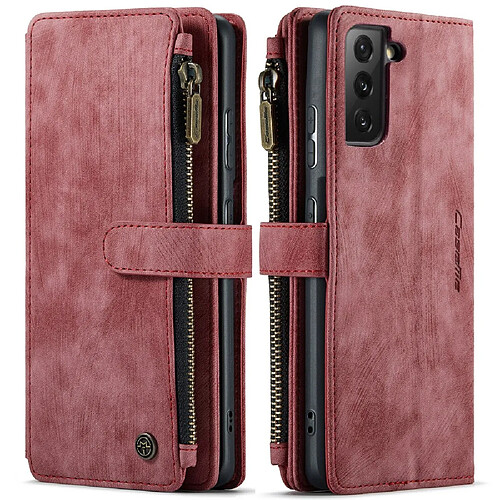 Caseme Etui en PU + TPU poche zippée, antichoc avec 10 porte-cartes rouge pour votre Samsung Galaxy S21 5G