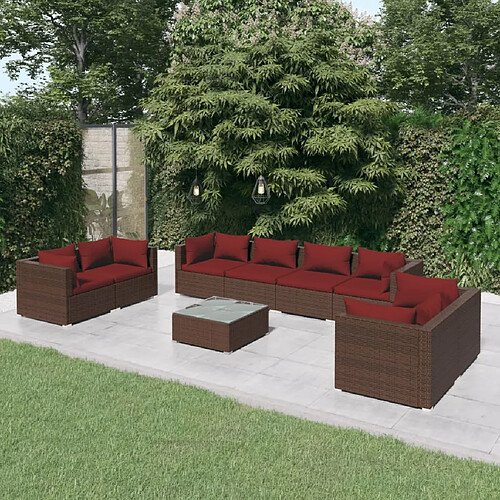 vidaXL Salon de jardin 9 pcs avec coussins Résine tressée Marron