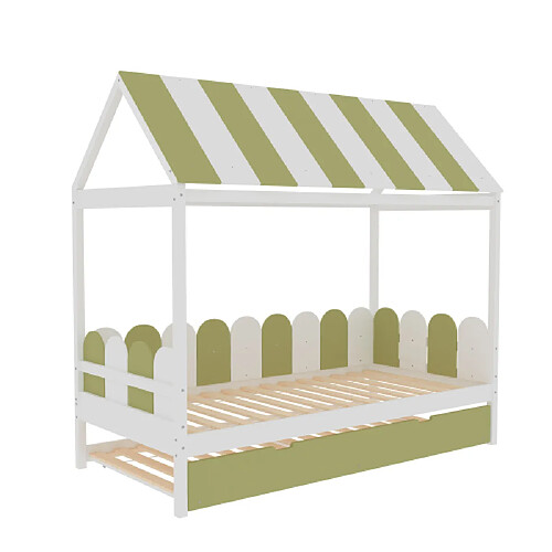 ComfortXL Lit enfant 90x190cm avec lit gigogne, lit maison avec toit et dossier, bois massif, vert