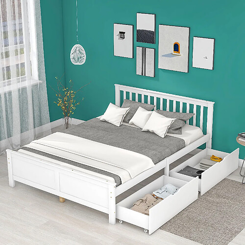 KOMHTOM Lit Simple En Bois 140 X 200 cm Pour Jeune Et Adulte - Avec Tiroirs - Structure En Pin - Blanc