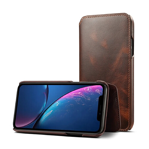 Wewoo Housse Coque Etui à rabat horizontal en cuir de vachette couleur grain de cire Oil Max pour iPhone XRavec emplacements cartes et portefeuille brun